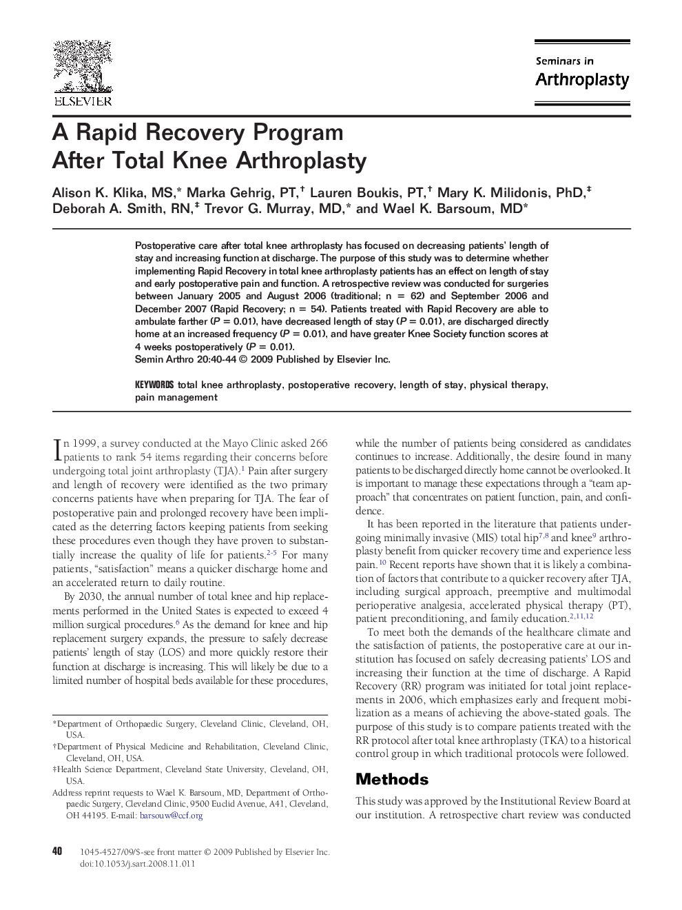 A Rapid Recovery Program After Total Knee Arthroplasty