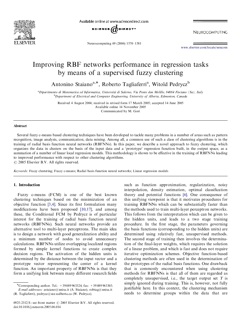 Improving RBF networks performance in regression tasks by means of a supervised fuzzy clustering