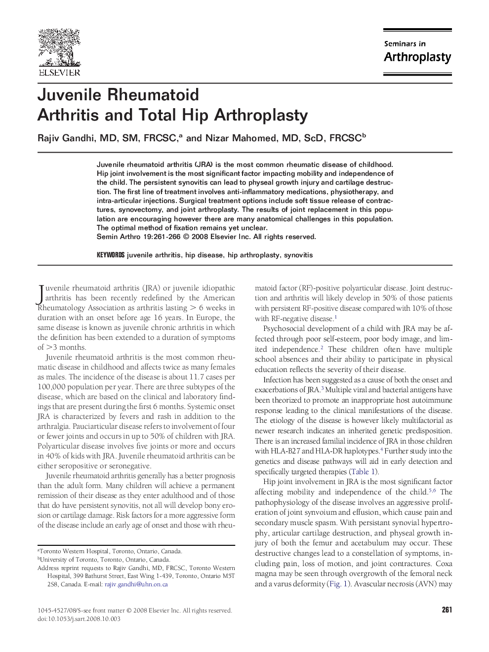 Juvenile Rheumatoid Arthritis and Total Hip Arthroplasty