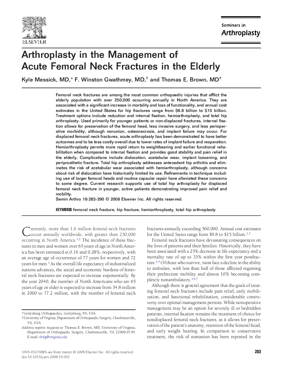 Arthroplasty in the Management of Acute Femoral Neck Fractures in the Elderly