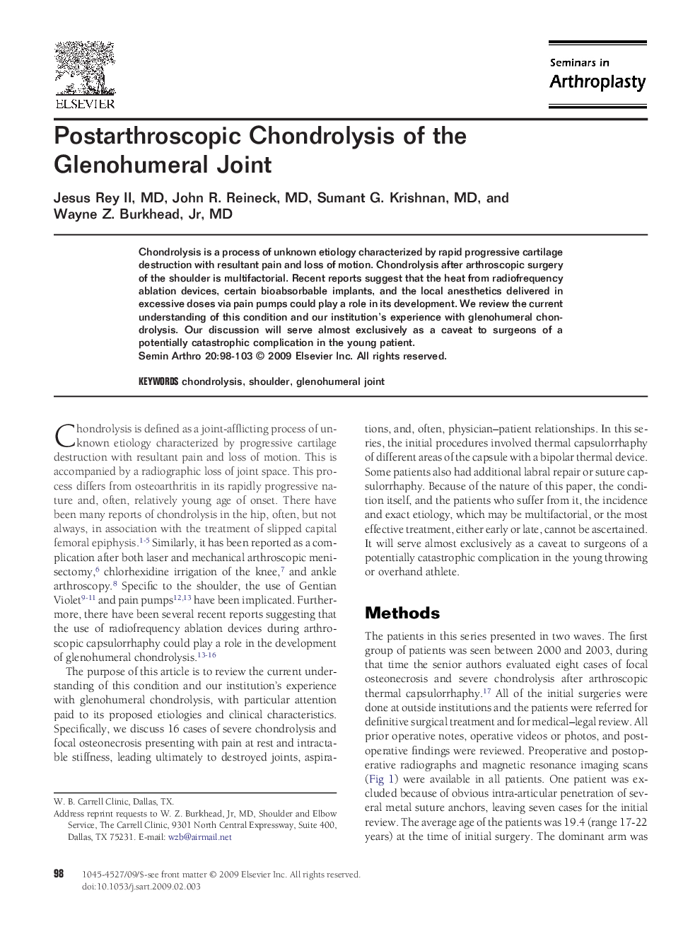 Postarthroscopic Chondrolysis of the Glenohumeral Joint