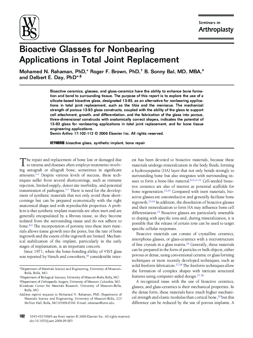 Bioactive Glasses for Nonbearing Applications in Total Joint Replacement