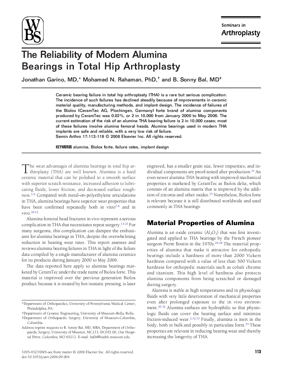 The Reliability of Modern Alumina Bearings in Total Hip Arthroplasty