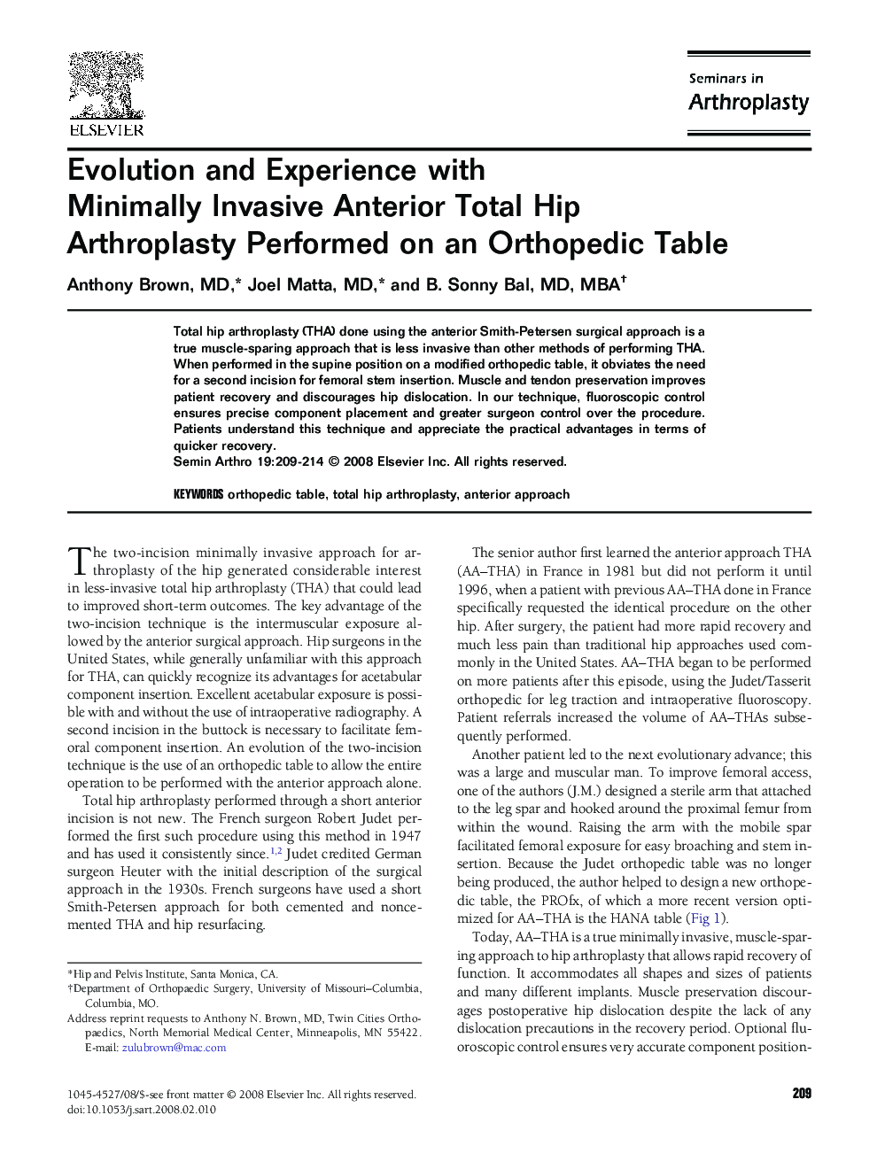 Evolution and Experience with Minimally Invasive Anterior Total Hip Arthroplasty Performed on an Orthopedic Table