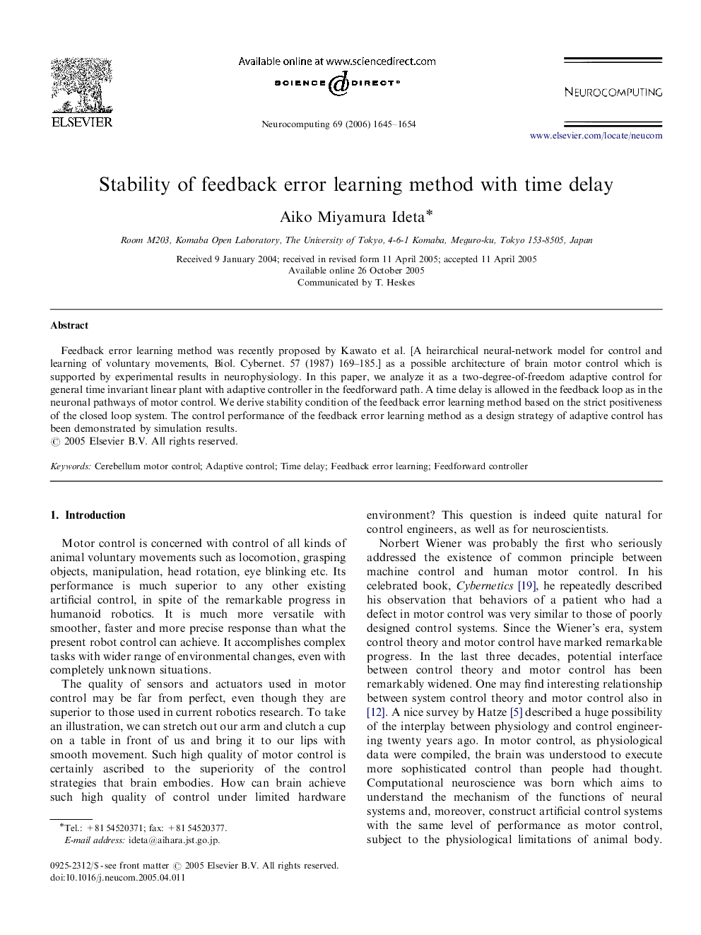 Stability of feedback error learning method with time delay