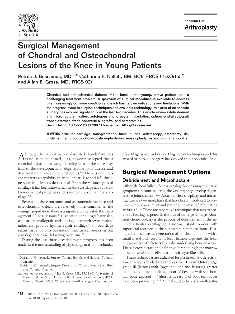 Surgical Management of Chondral and Osteochondral Lesions of the Knee in Young Patients