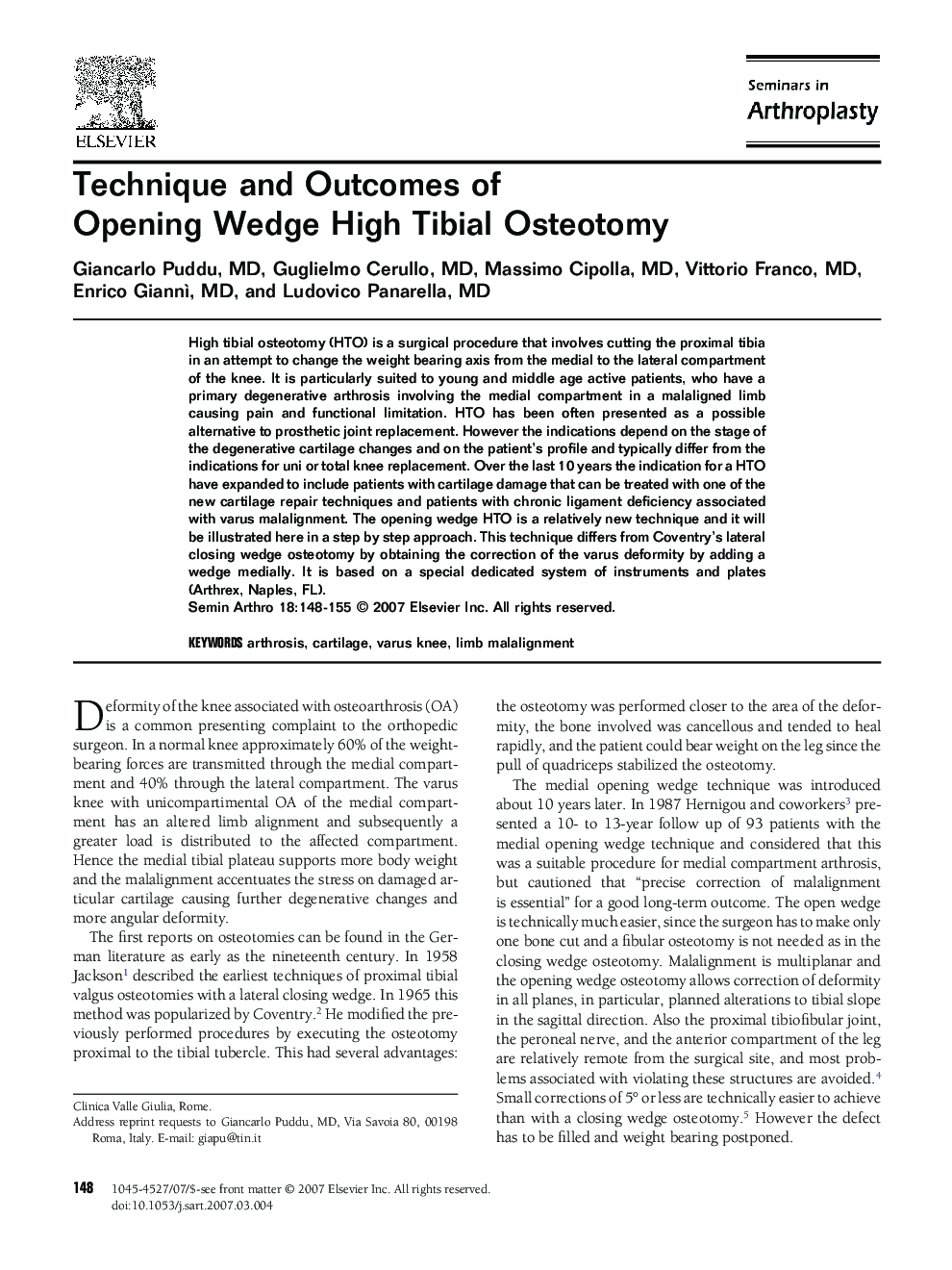 Technique and Outcomes of Opening Wedge High Tibial Osteotomy