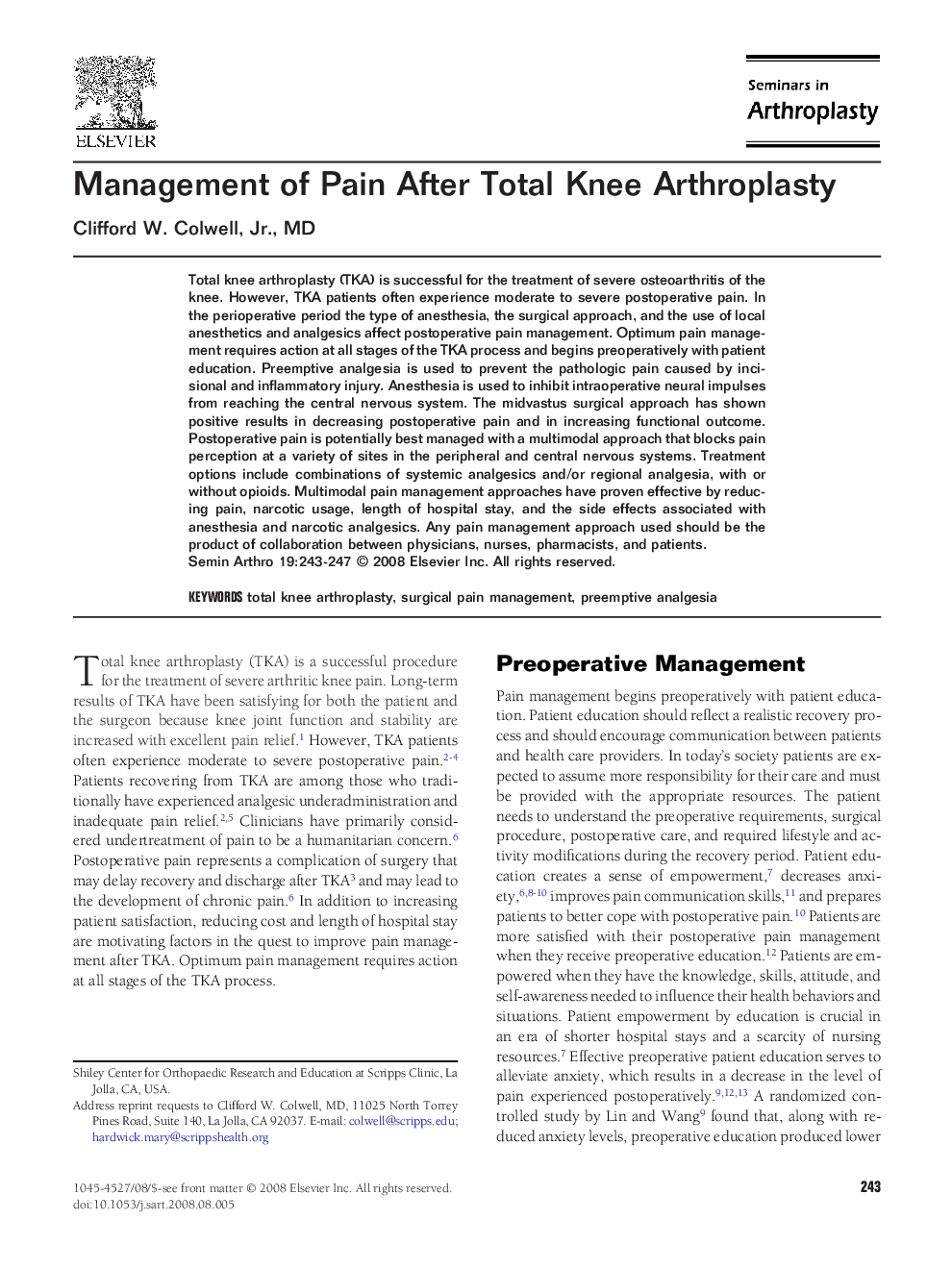 Management of Pain After Total Knee Arthroplasty