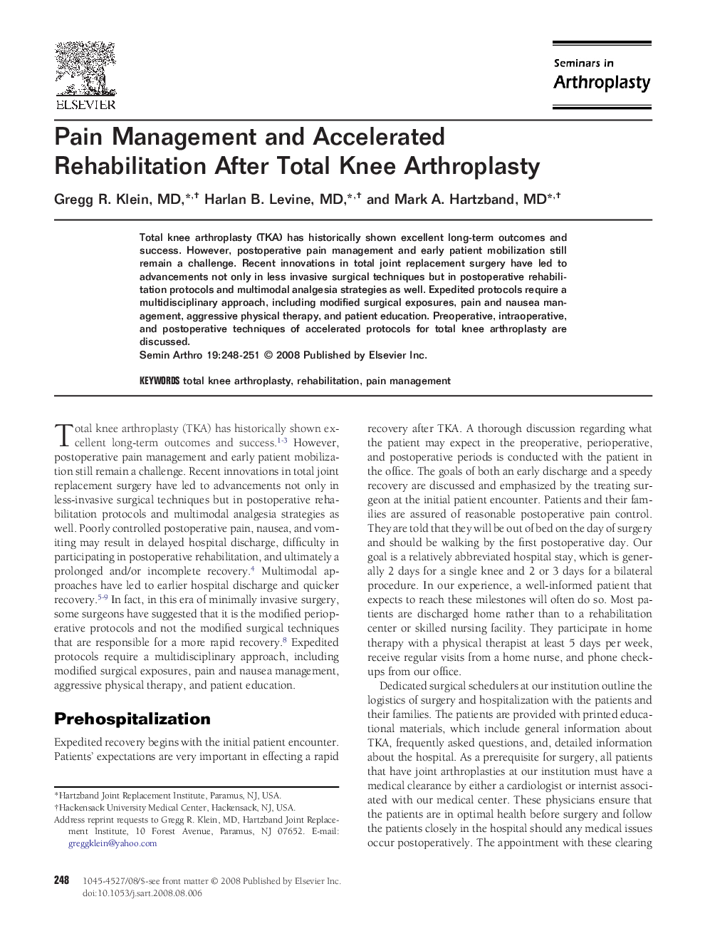 Pain Management and Accelerated Rehabilitation After Total Knee Arthroplasty