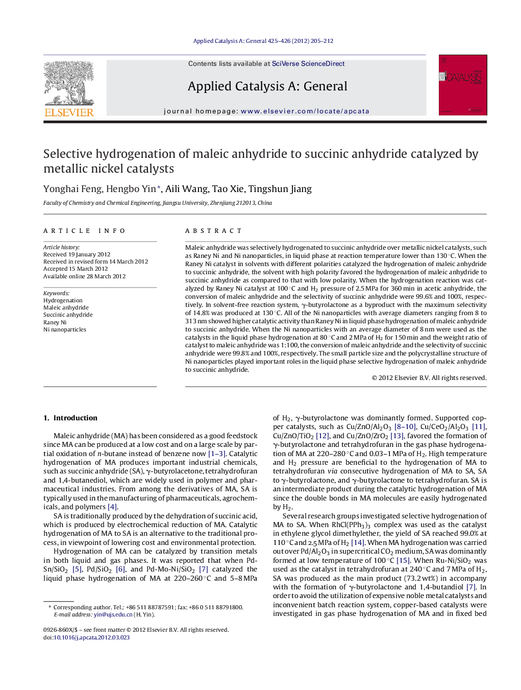 Selective hydrogenation of maleic anhydride to succinic anhydride catalyzed by metallic nickel catalysts