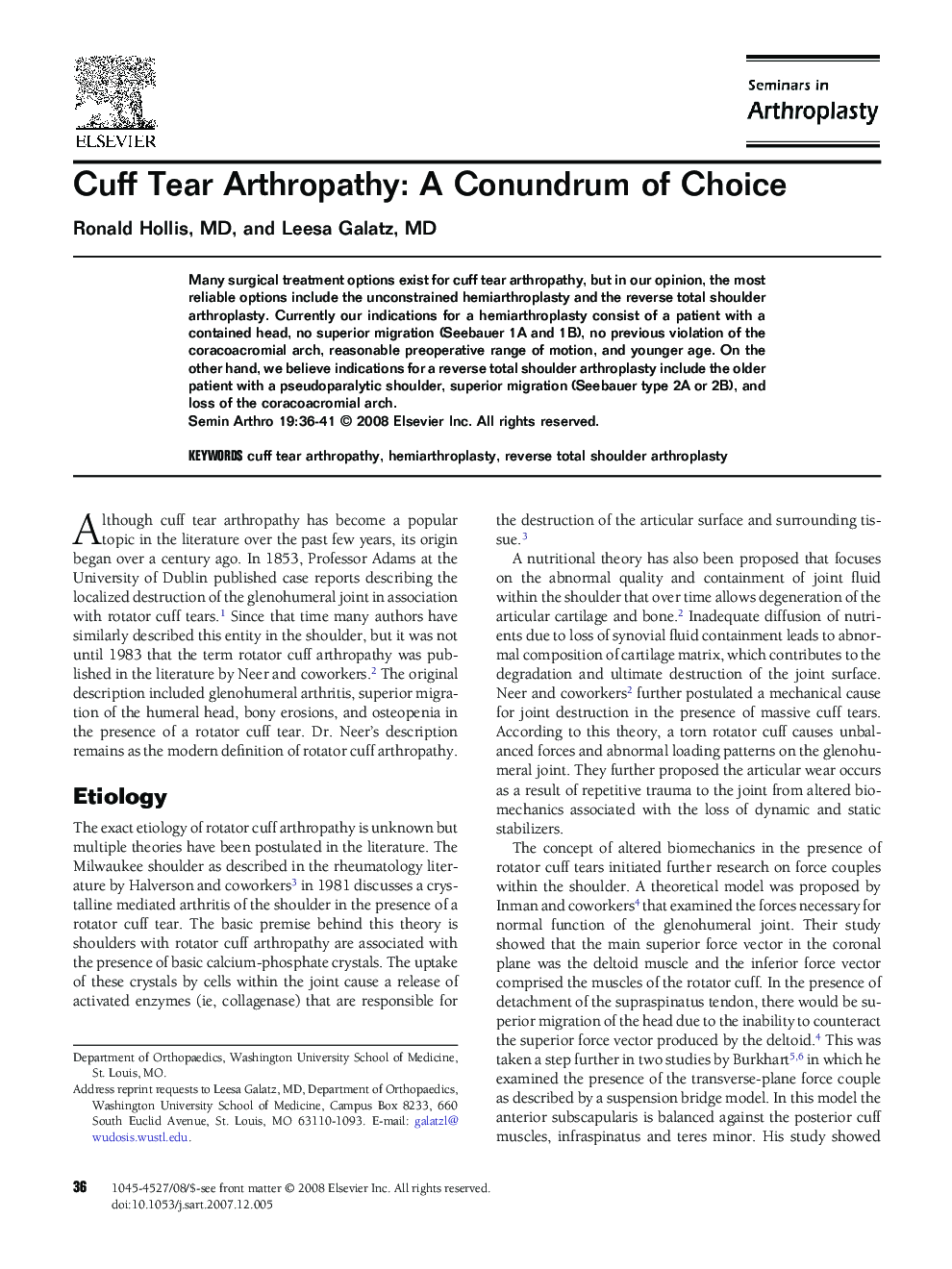 Cuff Tear Arthropathy: A Conundrum of Choice