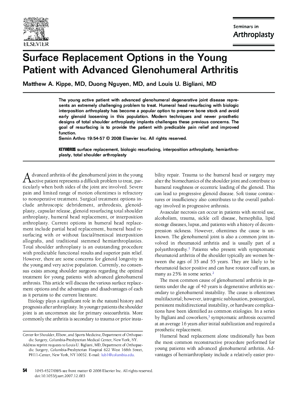 Surface Replacement Options in the Young Patient with Advanced Glenohumeral Arthritis