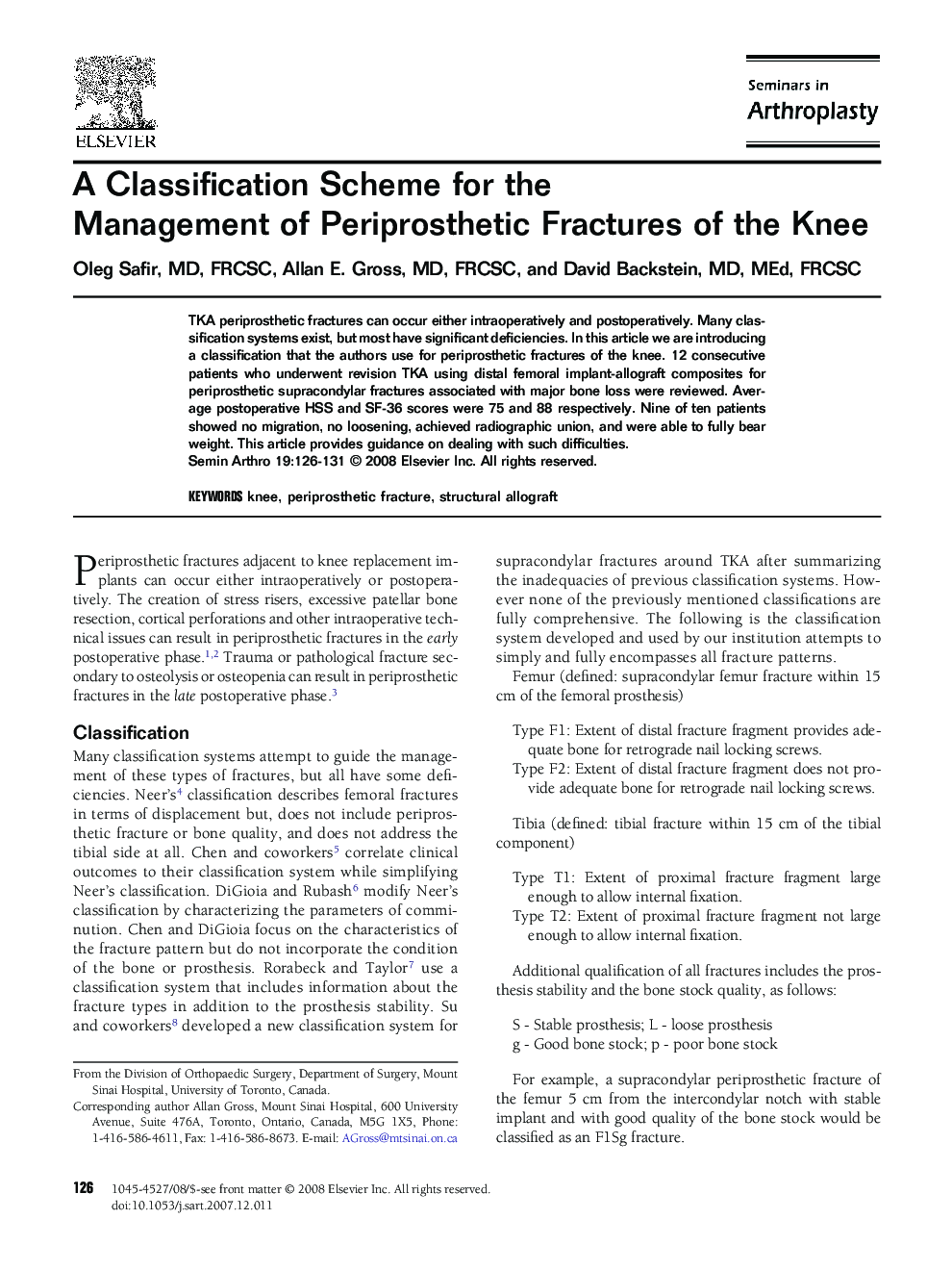 A Classification Scheme for the Management of Periprosthetic Fractures of the Knee