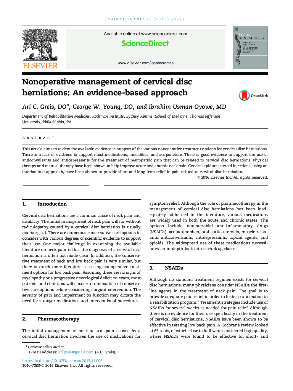 Nonoperative management of cervical disc herniations: An evidence-based approach