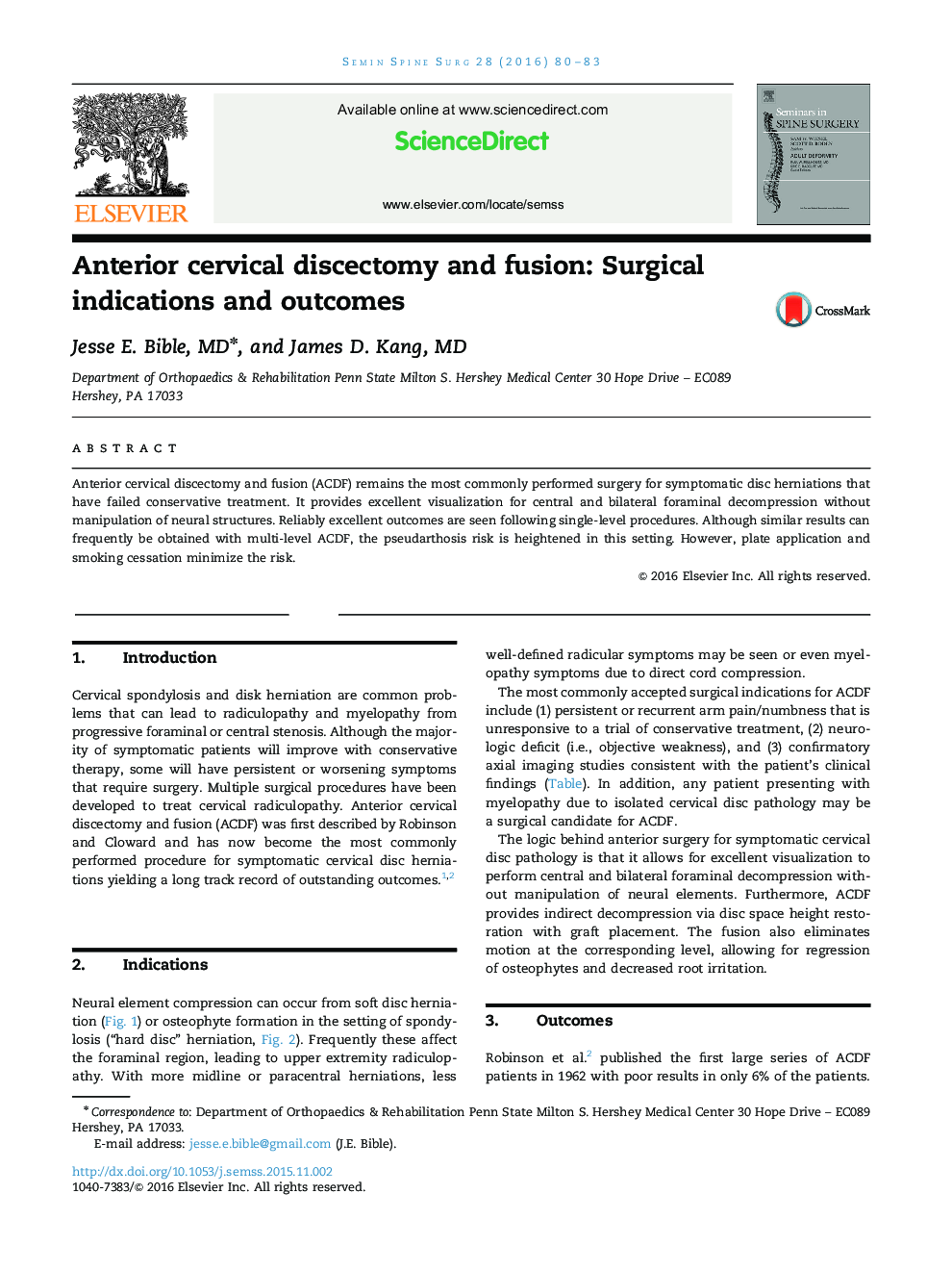 Anterior cervical discectomy and fusion: Surgical indications and outcomes