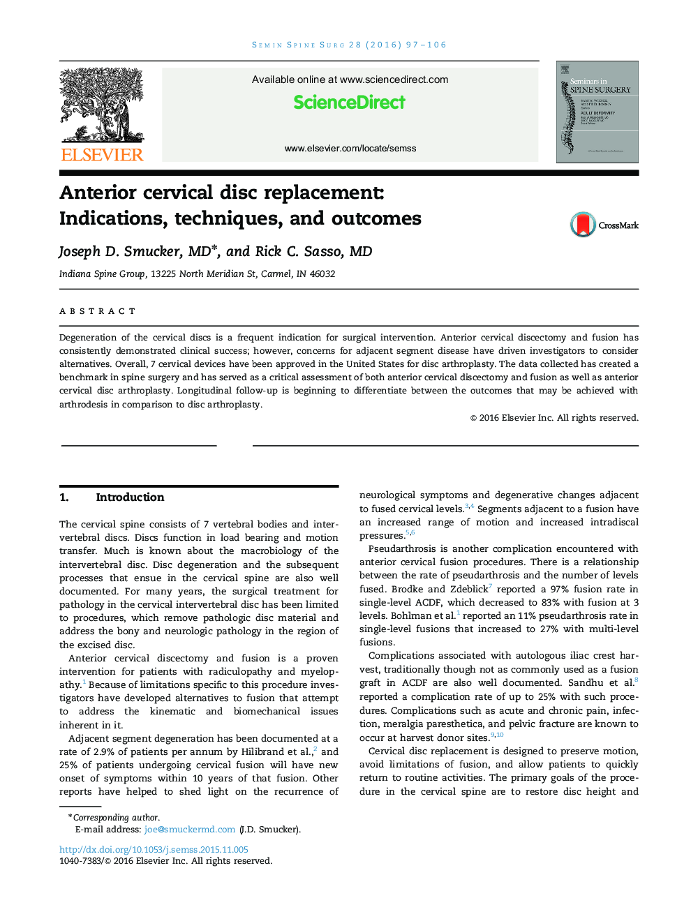 Anterior cervical disc replacement: Indications, techniques, and outcomes
