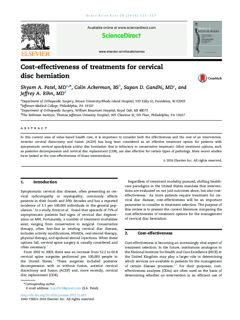 Cost-effectiveness of treatments for cervical disc herniation
