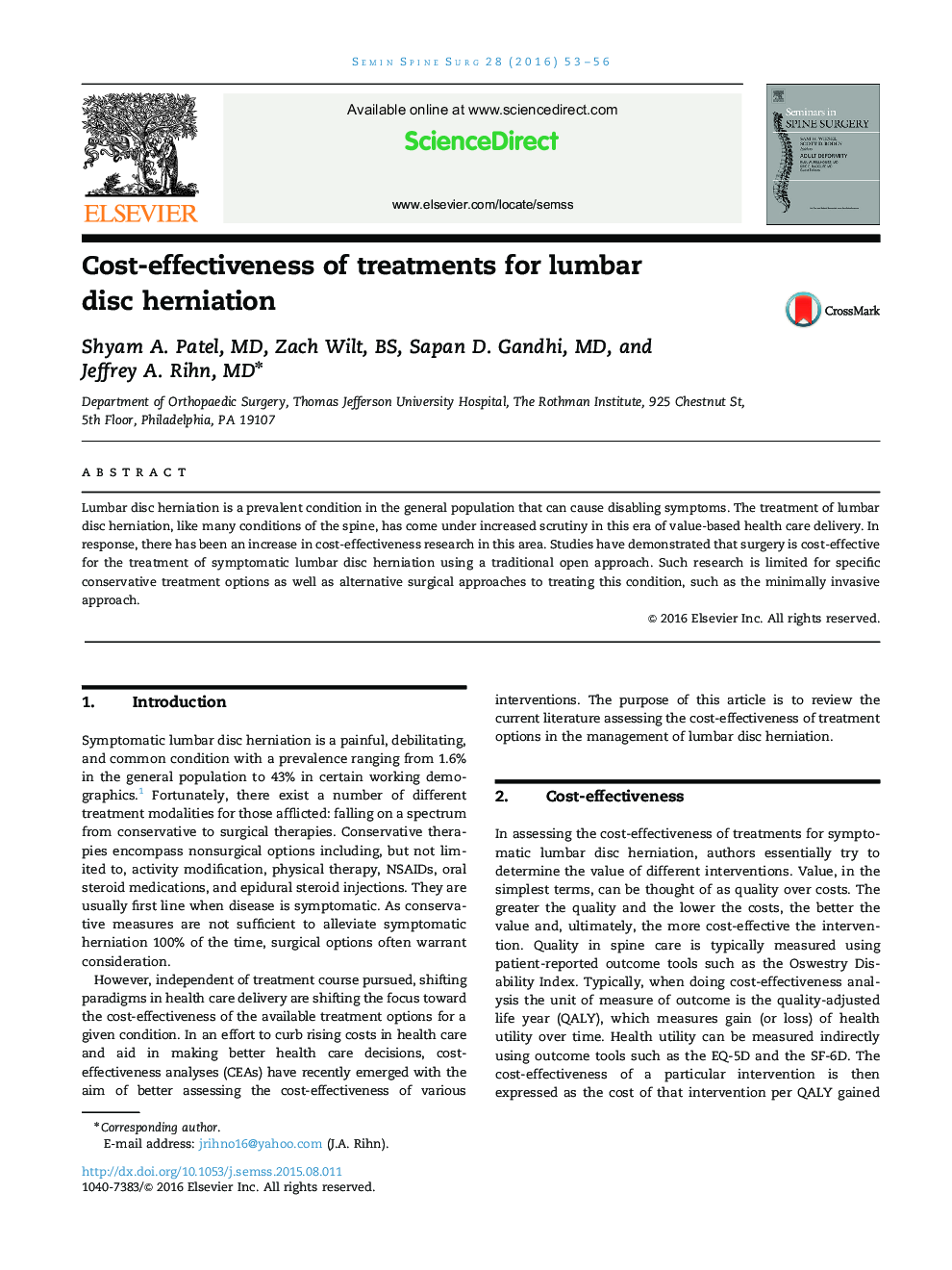 Cost-effectiveness of treatments for lumbar disc herniation