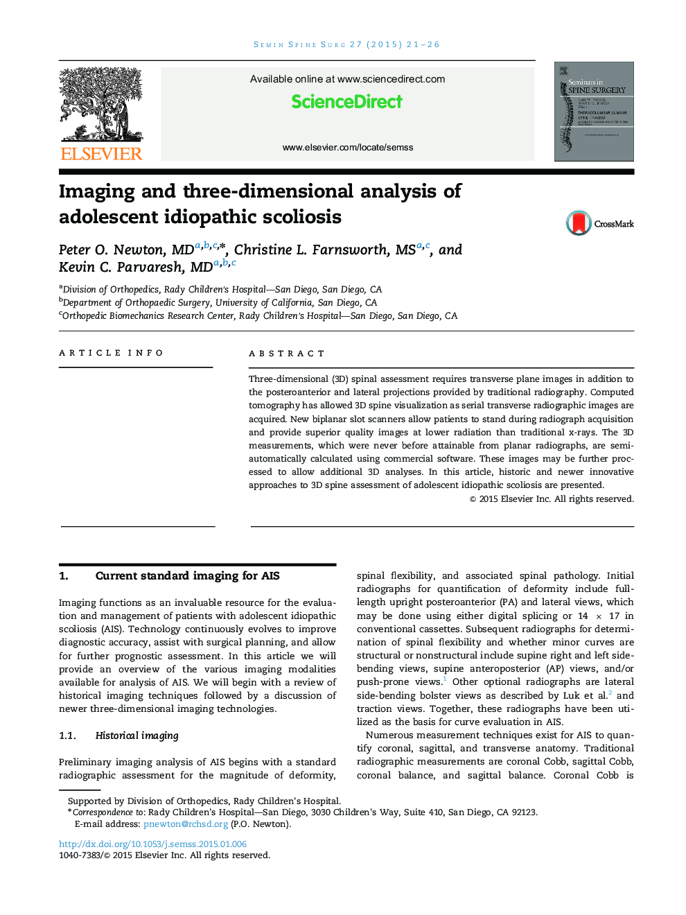 Imaging and three-dimensional analysis of adolescent idiopathic scoliosis