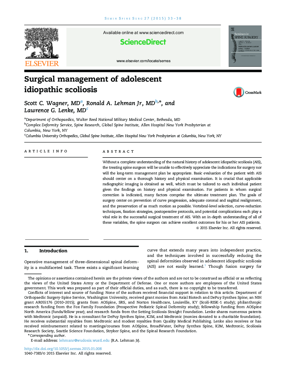 Surgical management of adolescent idiopathic scoliosis 