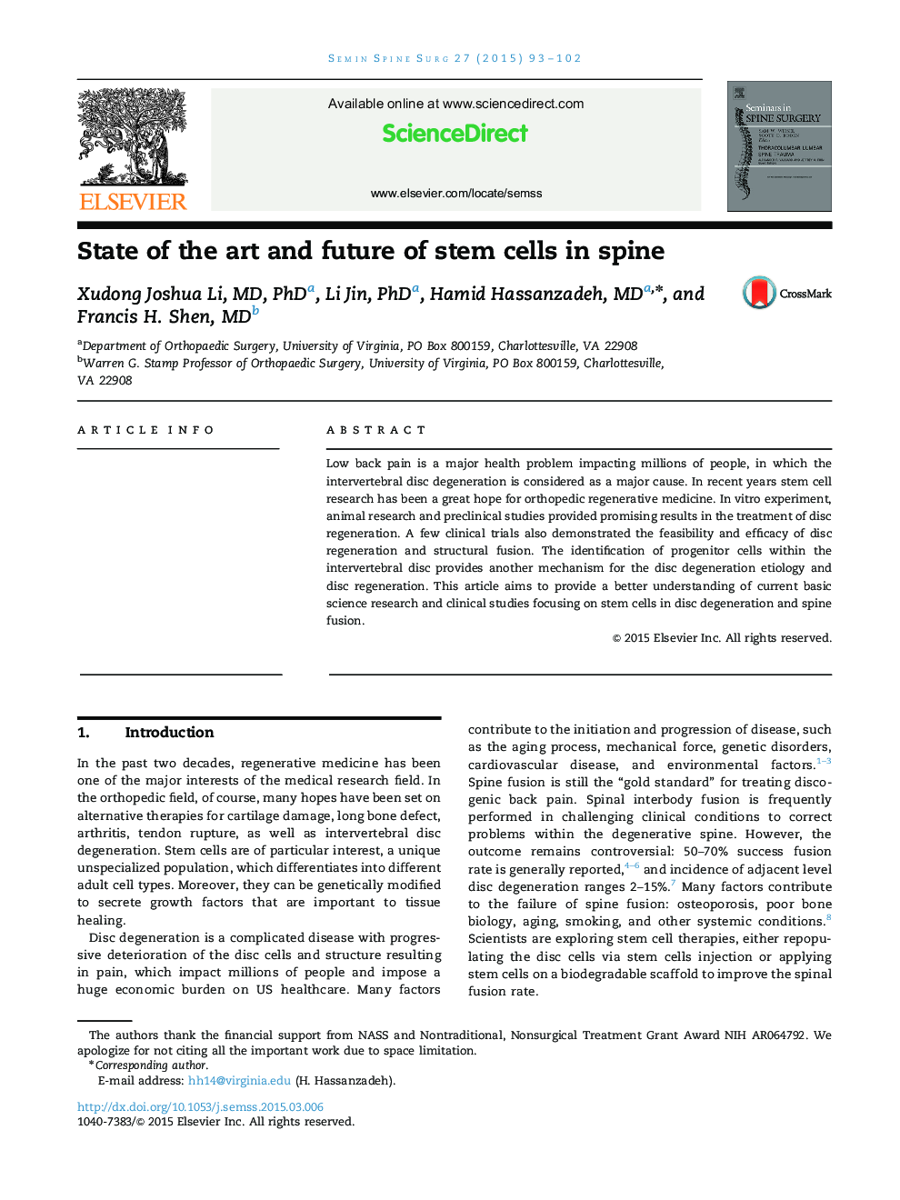 State of the art and future of stem cells in spine 