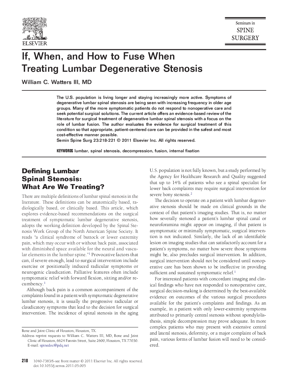 If, When, and How to Fuse When Treating Lumbar Degenerative Stenosis