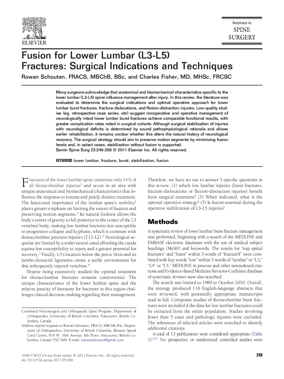 Fusion for Lower Lumbar (L3-L5) Fractures: Surgical Indications and Techniques