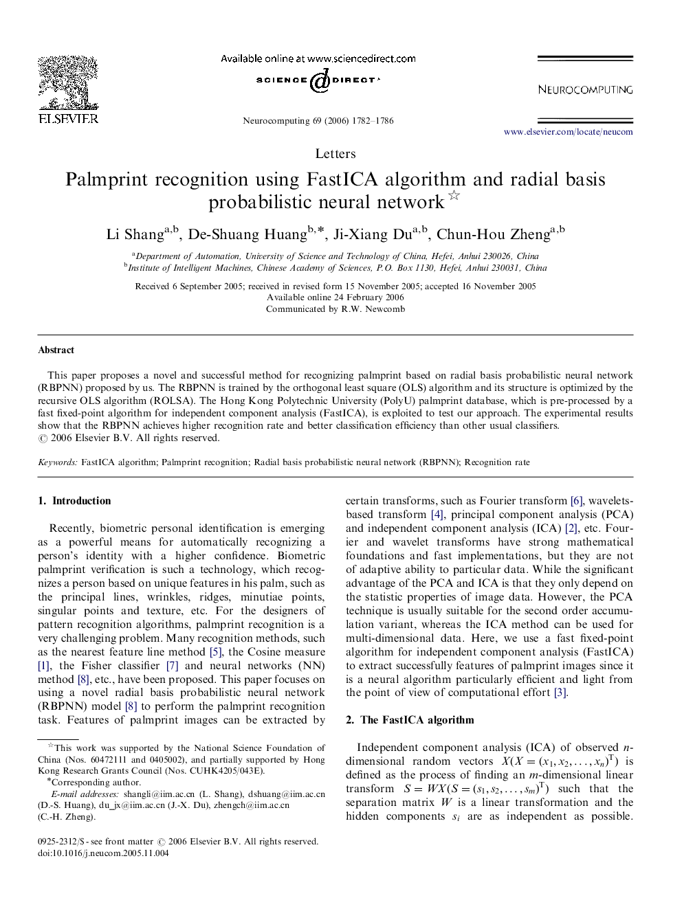 Palmprint recognition using FastICA algorithm and radial basis probabilistic neural network 