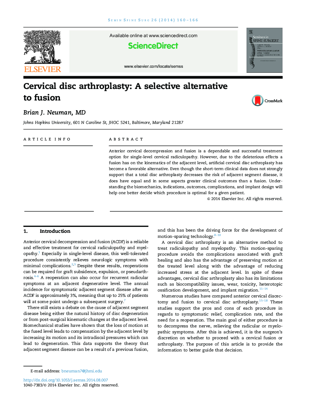 Cervical disc arthroplasty: A selective alternative to fusion