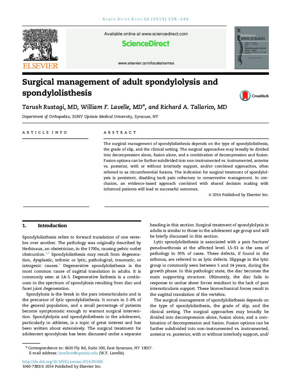 Surgical management of adult spondylolysis and spondylolisthesis