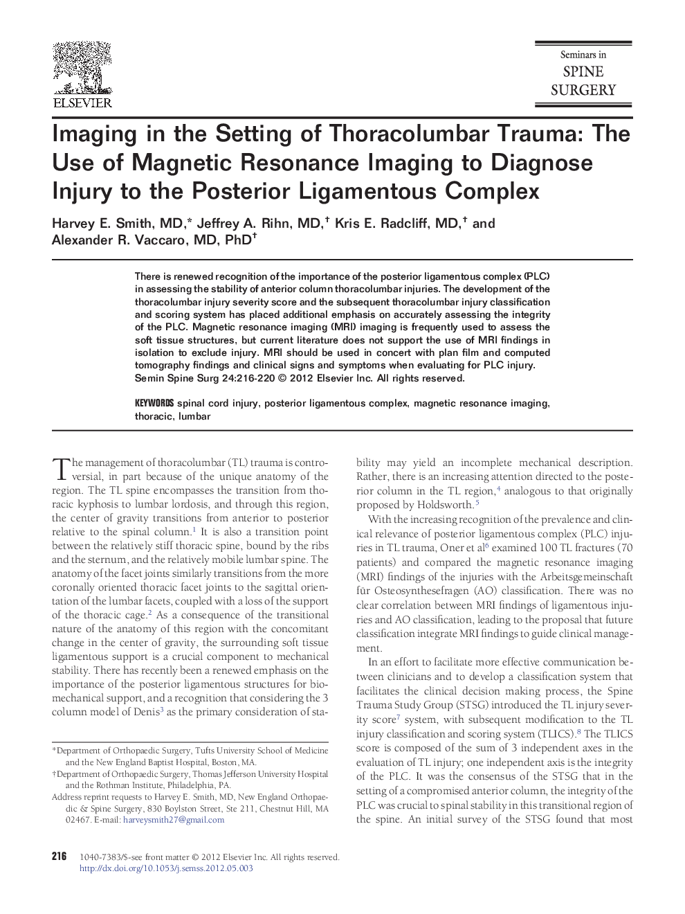 Imaging in the Setting of Thoracolumbar Trauma: The Use of Magnetic Resonance Imaging to Diagnose Injury to the Posterior Ligamentous Complex