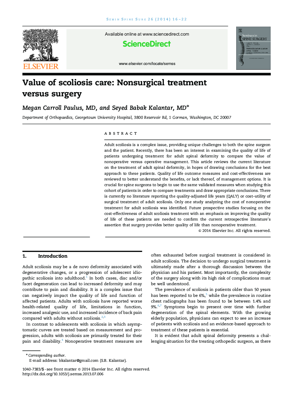 Value of scoliosis care: Nonsurgical treatment versus surgery