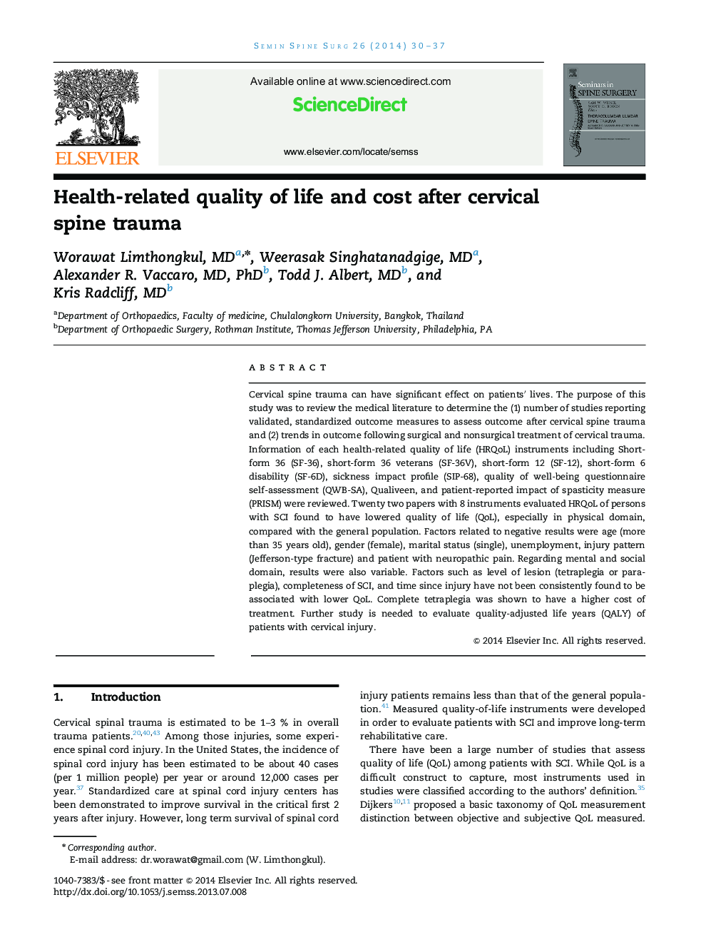 Health-related quality of life and cost after cervical spine trauma