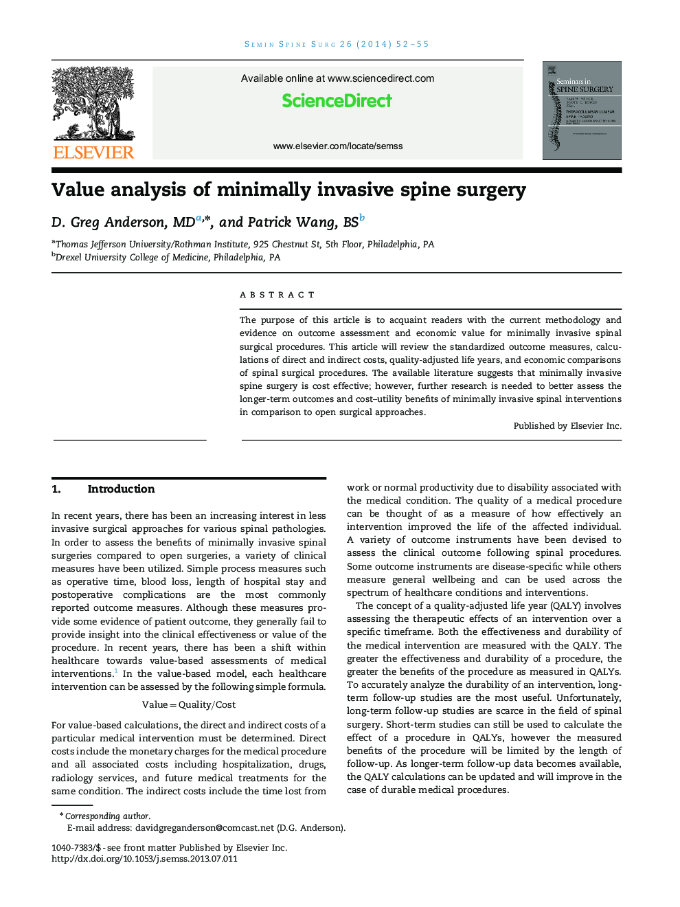 Value analysis of minimally invasive spine surgery