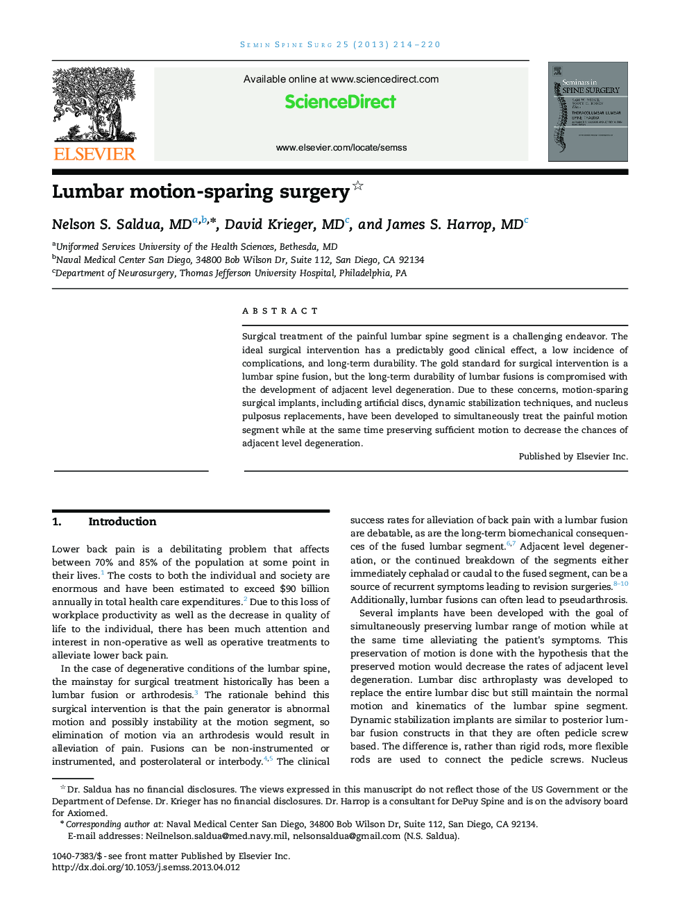 Lumbar motion-sparing surgery 