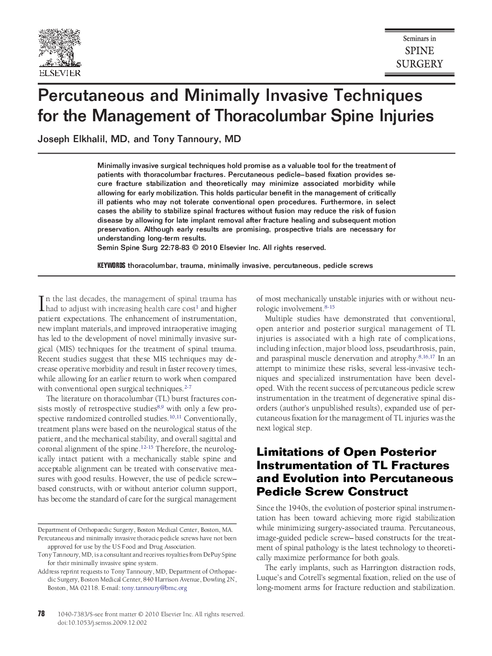 Percutaneous and Minimally Invasive Techniques for the Management of Thoracolumbar Spine Injuries 