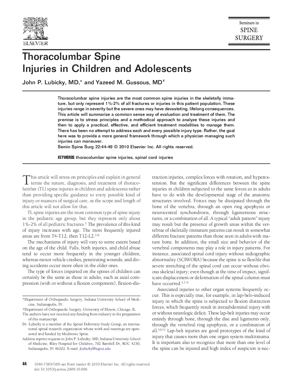 Thoracolumbar Spine Injuries in Children and Adolescents 