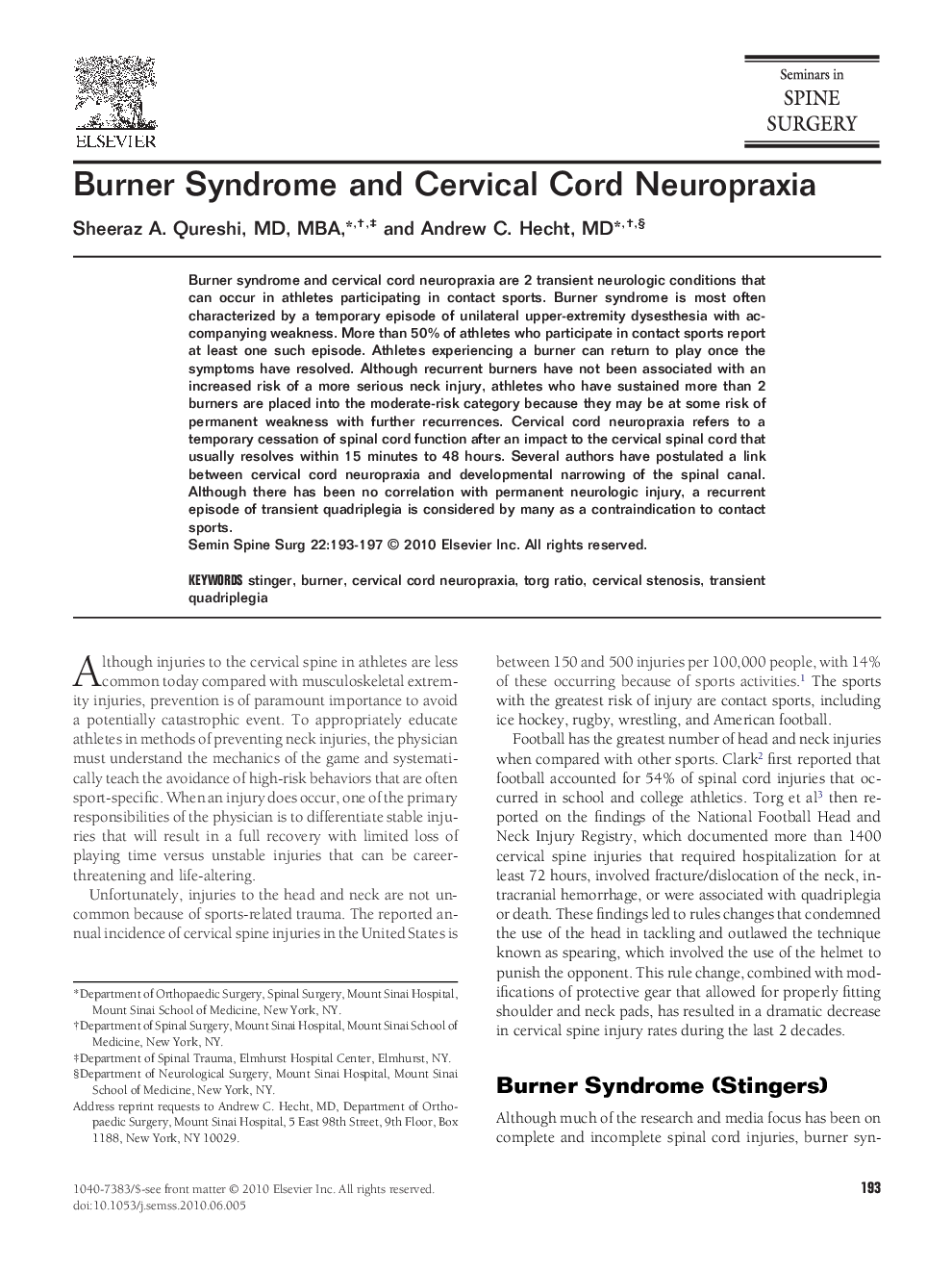 Burner Syndrome and Cervical Cord Neuropraxia