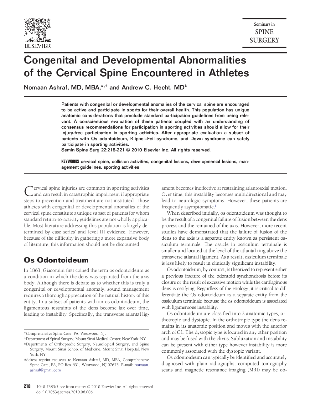 Congenital and Developmental Abnormalities of the Cervical Spine Encountered in Athletes