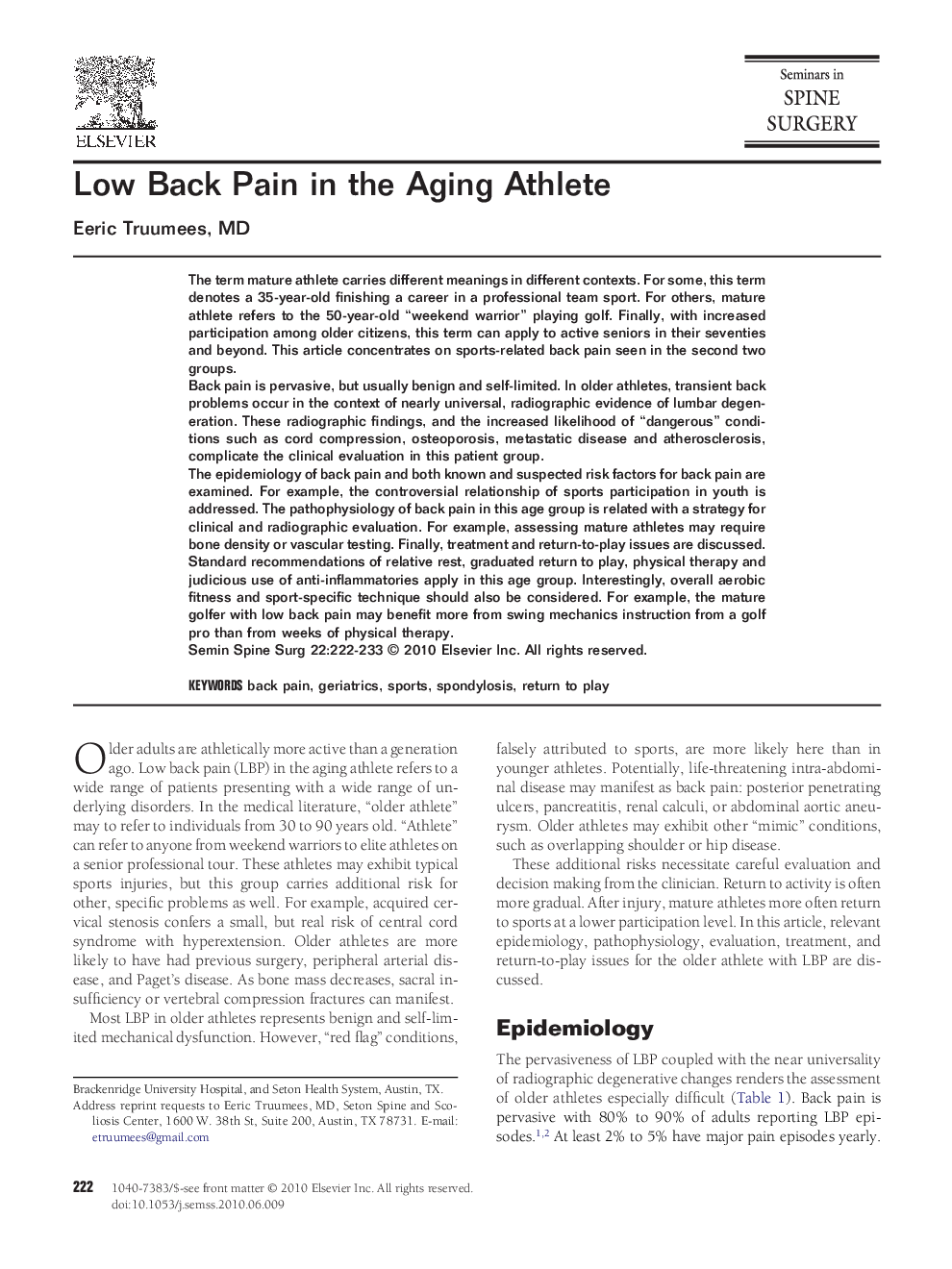 Low Back Pain in the Aging Athlete