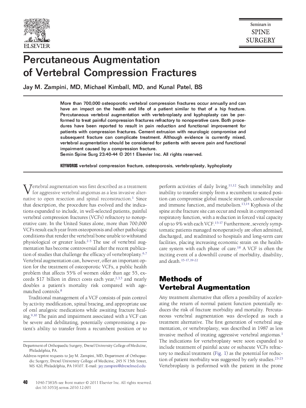 Percutaneous Augmentation of Vertebral Compression Fractures