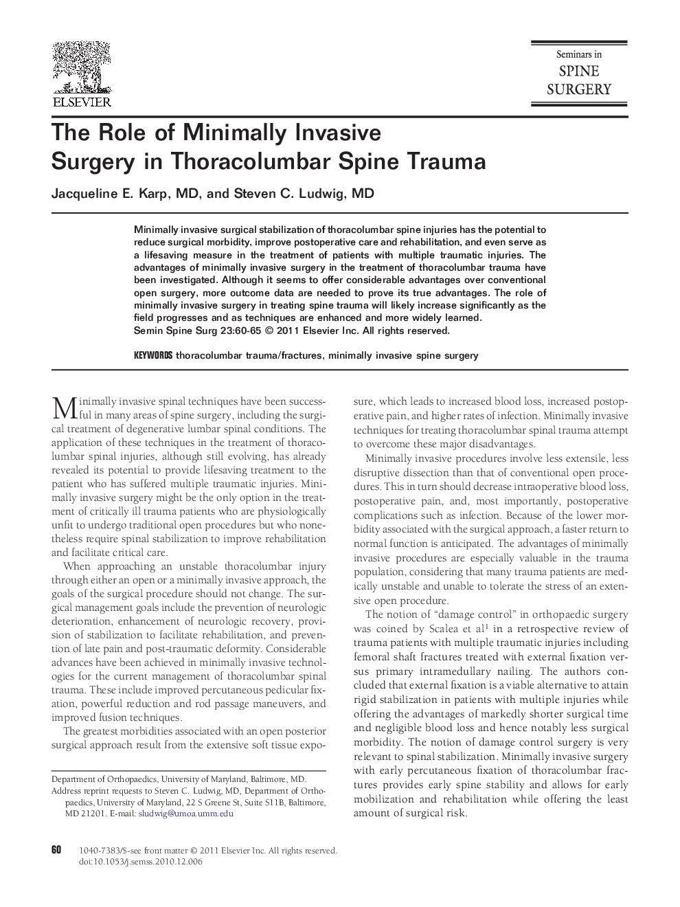 The Role of Minimally Invasive Surgery in Thoracolumbar Spine Trauma