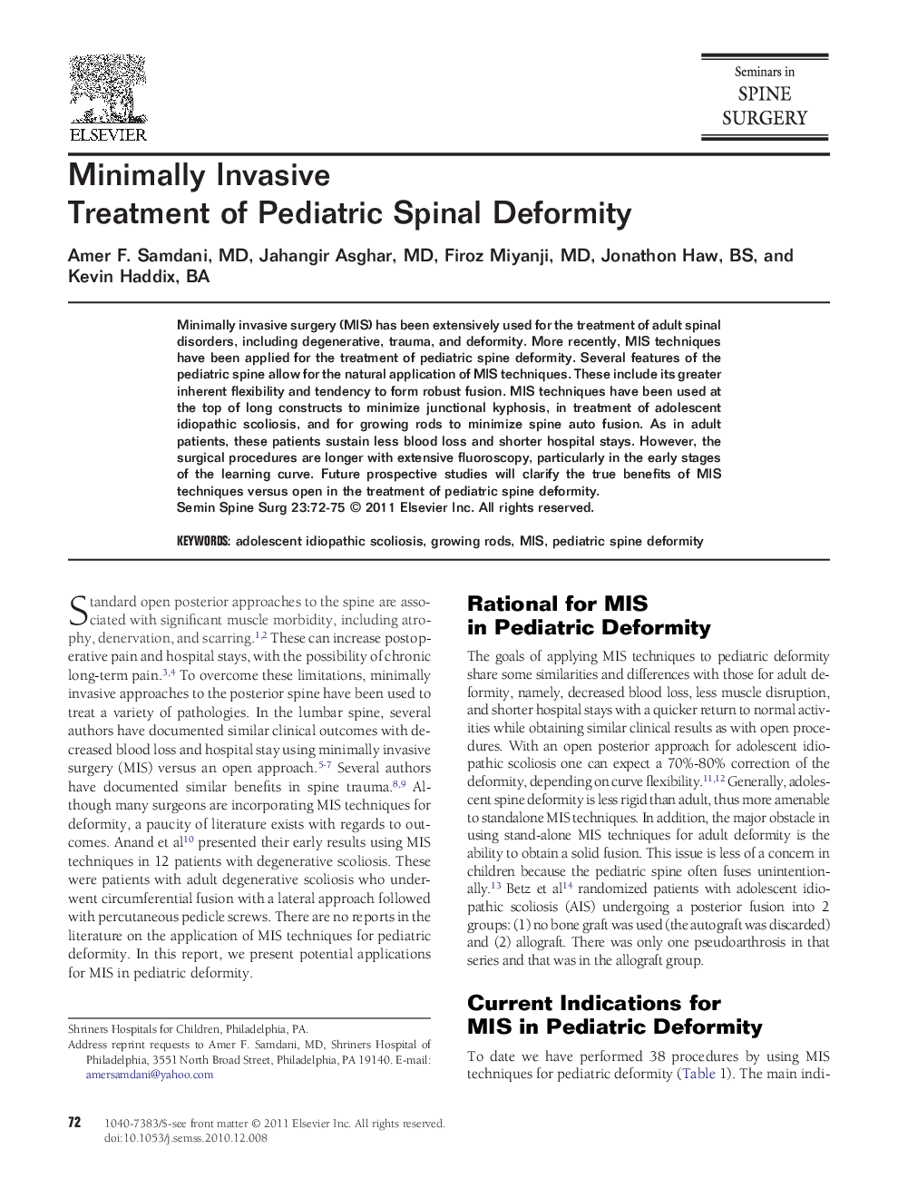 Minimally Invasive Treatment of Pediatric Spinal Deformity