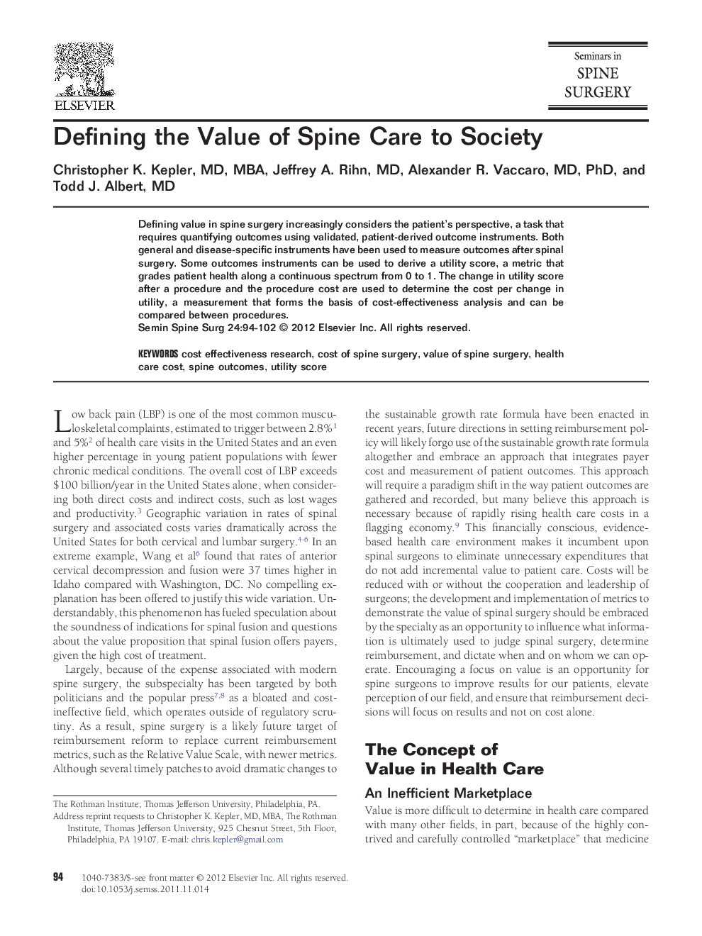 Defining the Value of Spine Care to Society