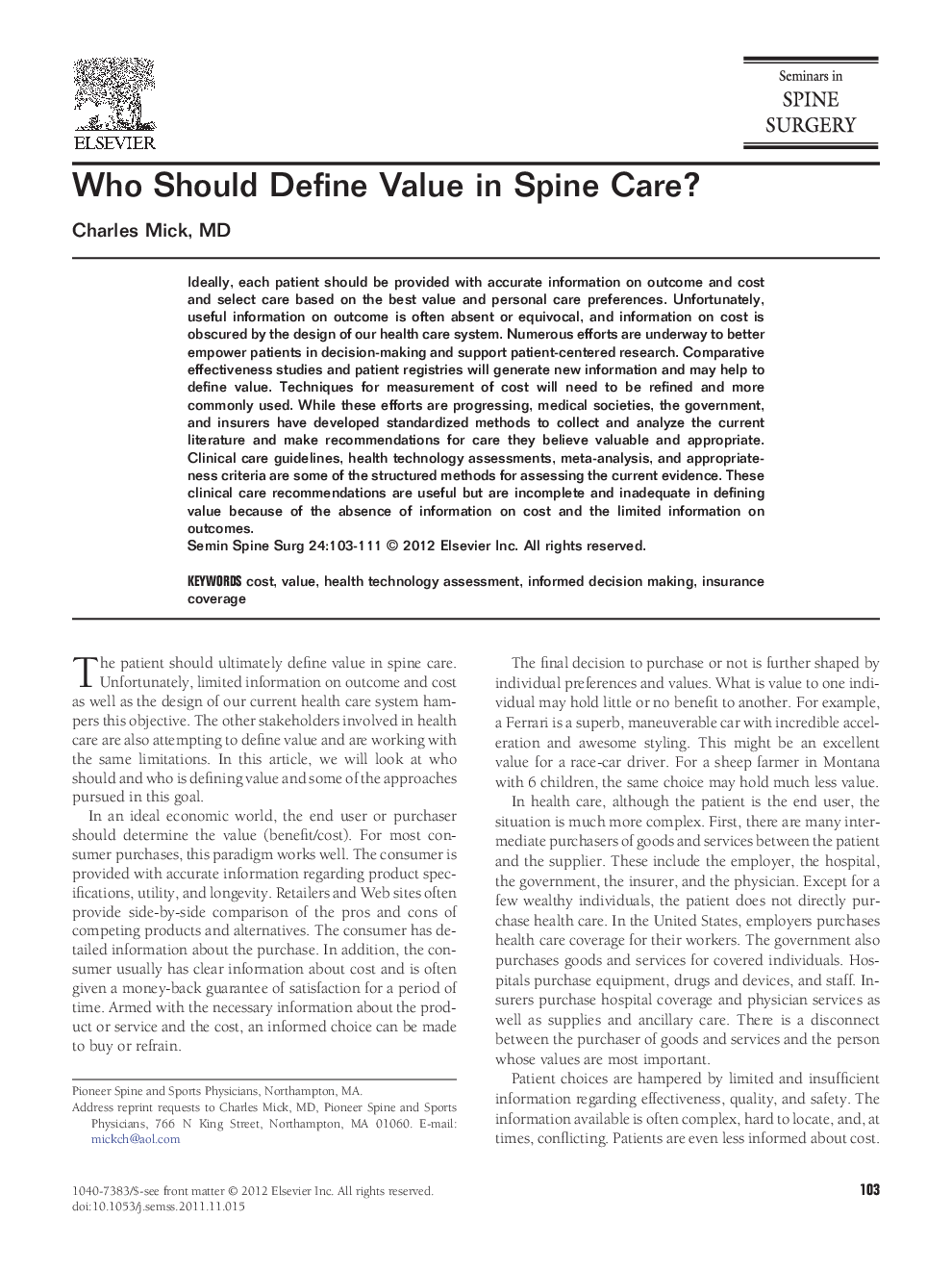 Who Should Define Value in Spine Care?