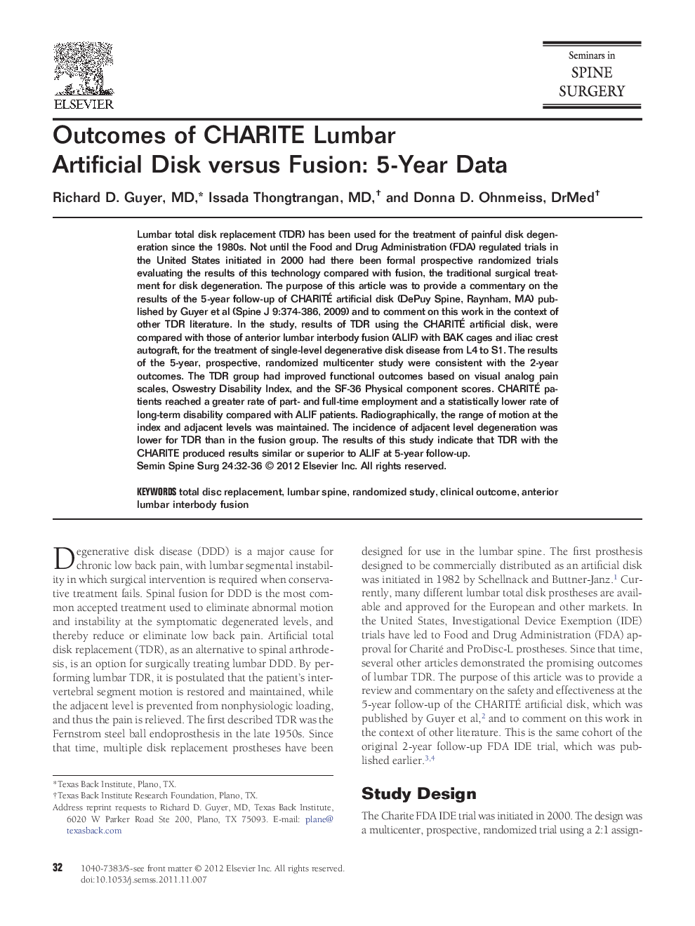 Outcomes of CHARITE Lumbar Artificial Disk versus Fusion: 5-Year Data