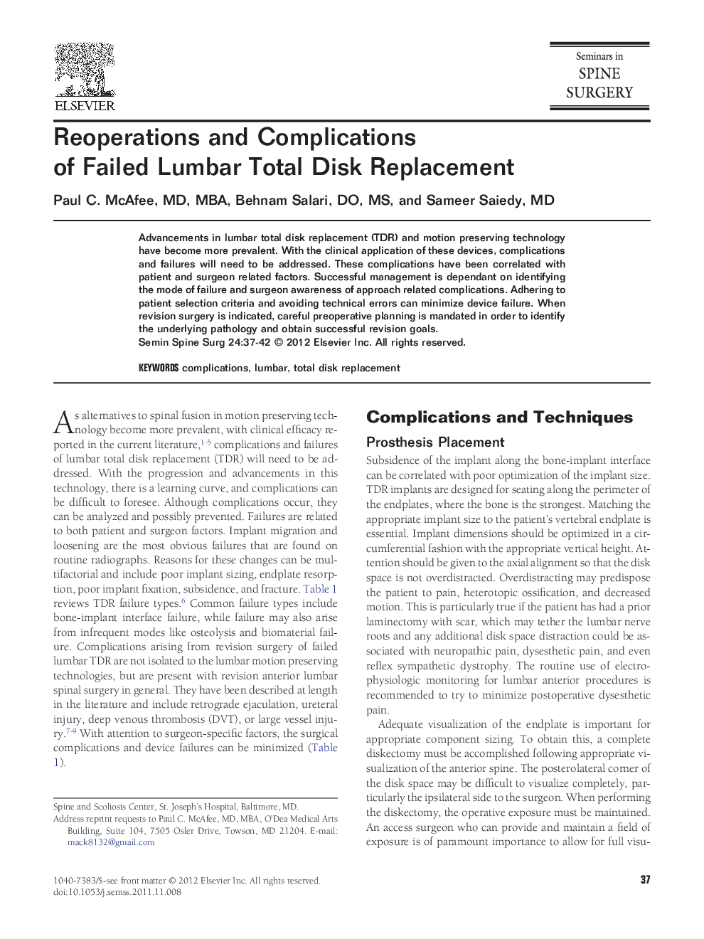 Reoperations and Complications of Failed Lumbar Total Disk Replacement