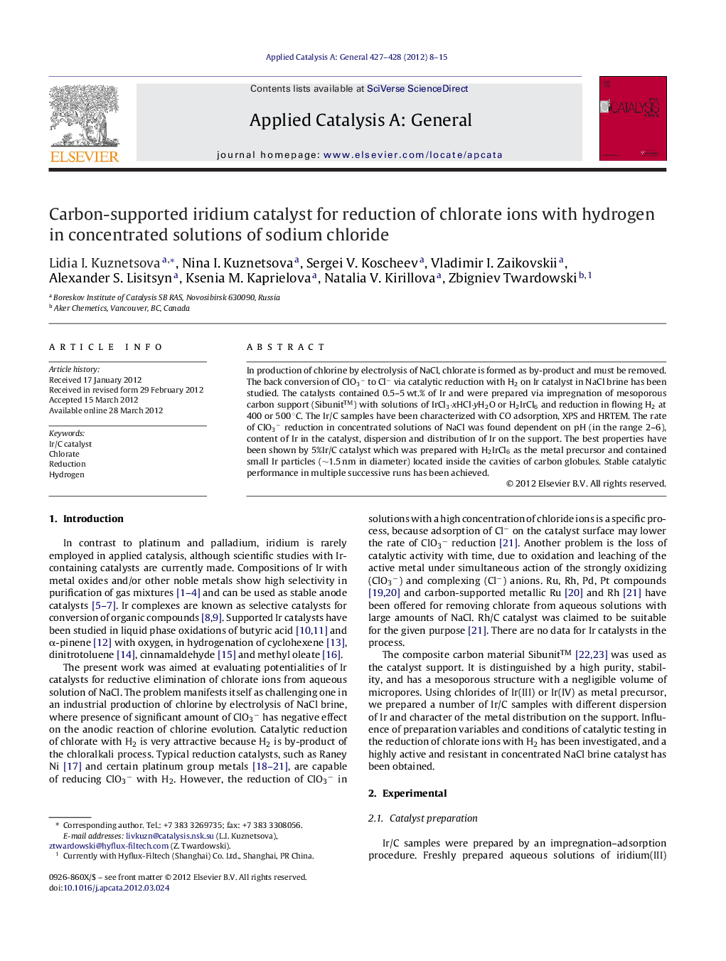 Carbon-supported iridium catalyst for reduction of chlorate ions with hydrogen in concentrated solutions of sodium chloride