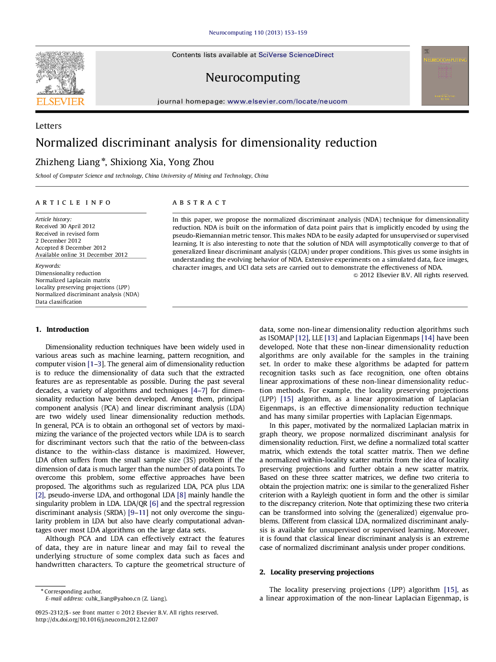 Normalized discriminant analysis for dimensionality reduction