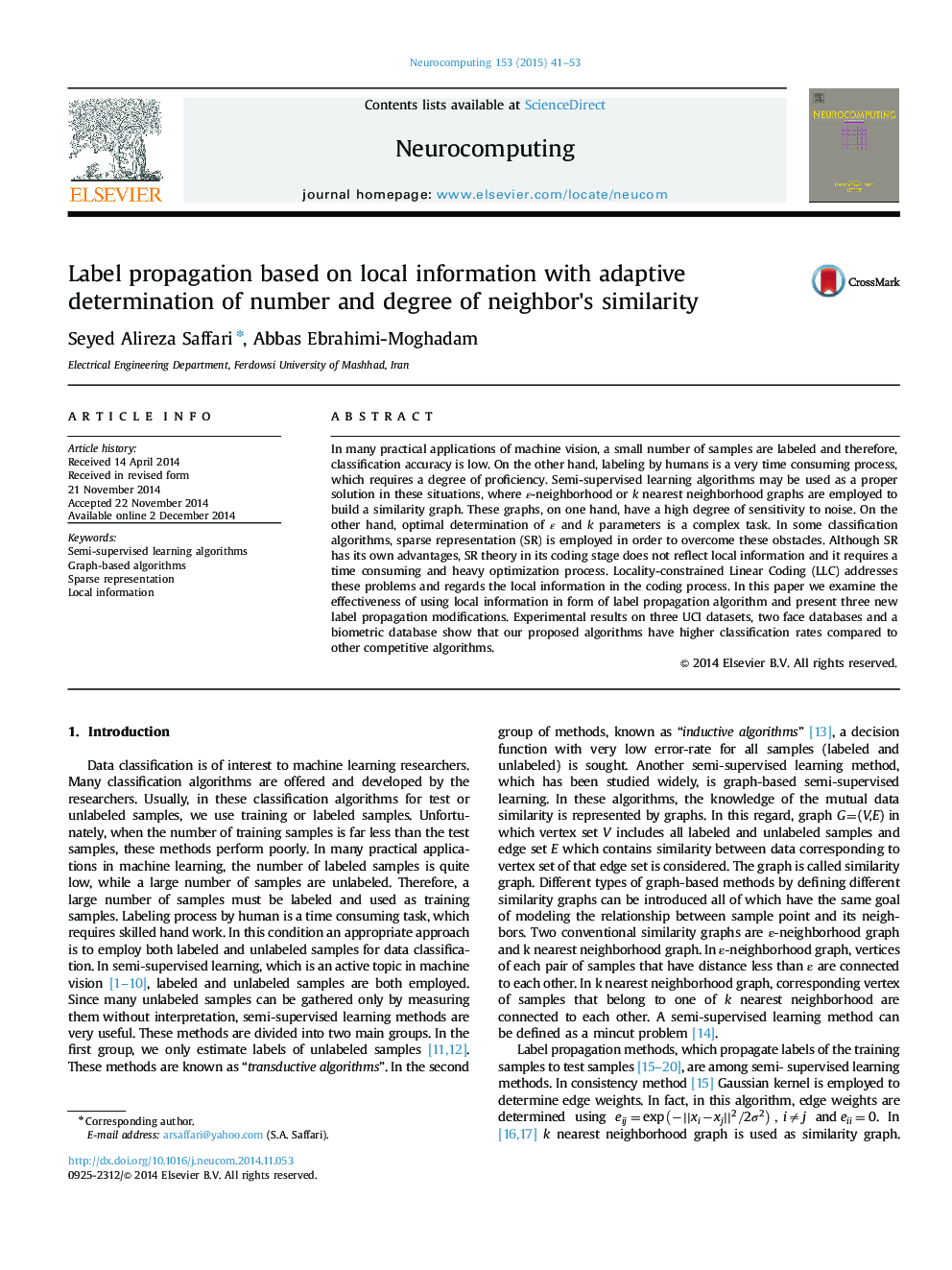 Label propagation based on local information with adaptive determination of number and degree of neighbor׳s similarity